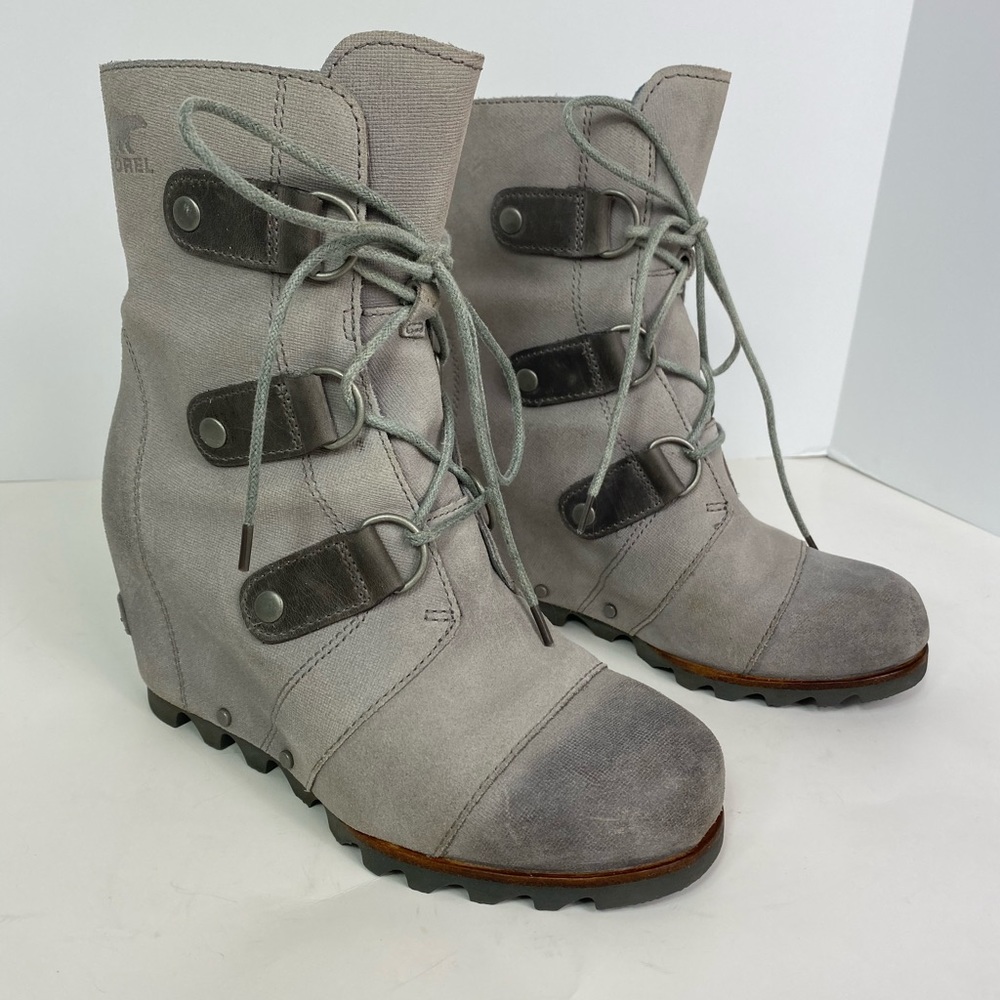 Sorel Lea wedges grey leather lace up boots size 6